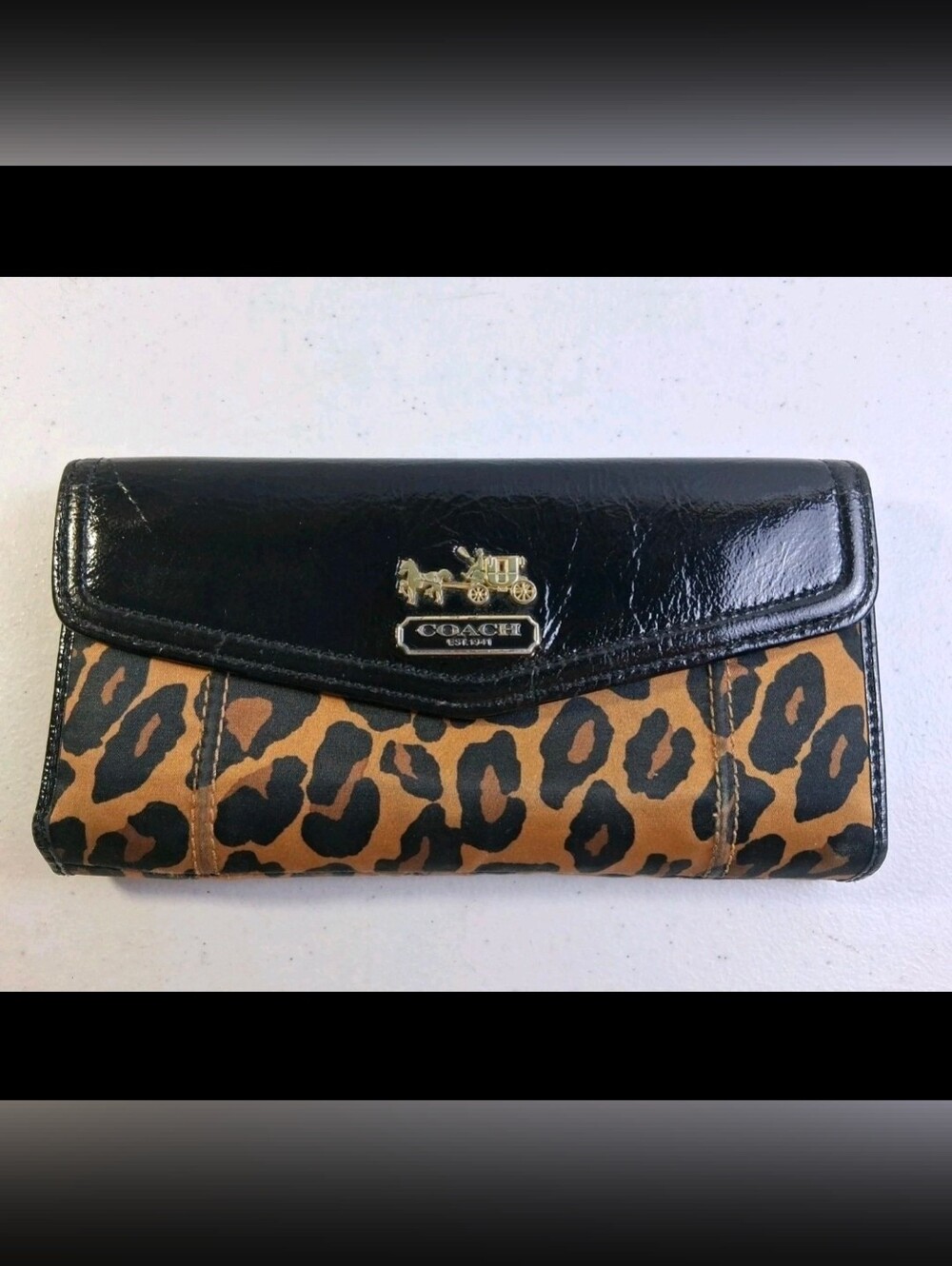 Coach Leopard Print Leather Wallet - Black & Tan
